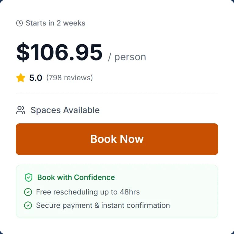 Booking panel for a class showing the price, a five star rating, and a Book Now button