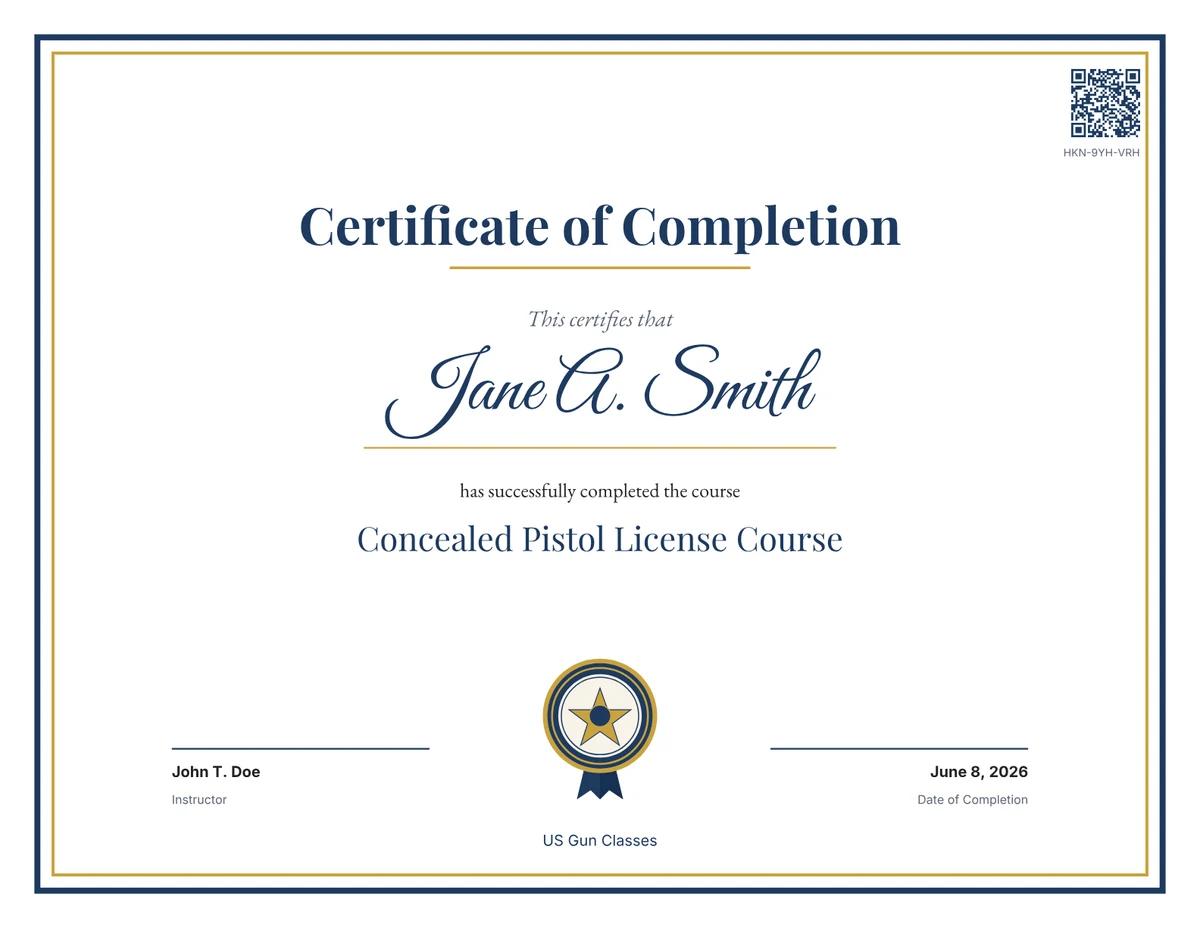 Certificate of completion for a concealed pistol license course