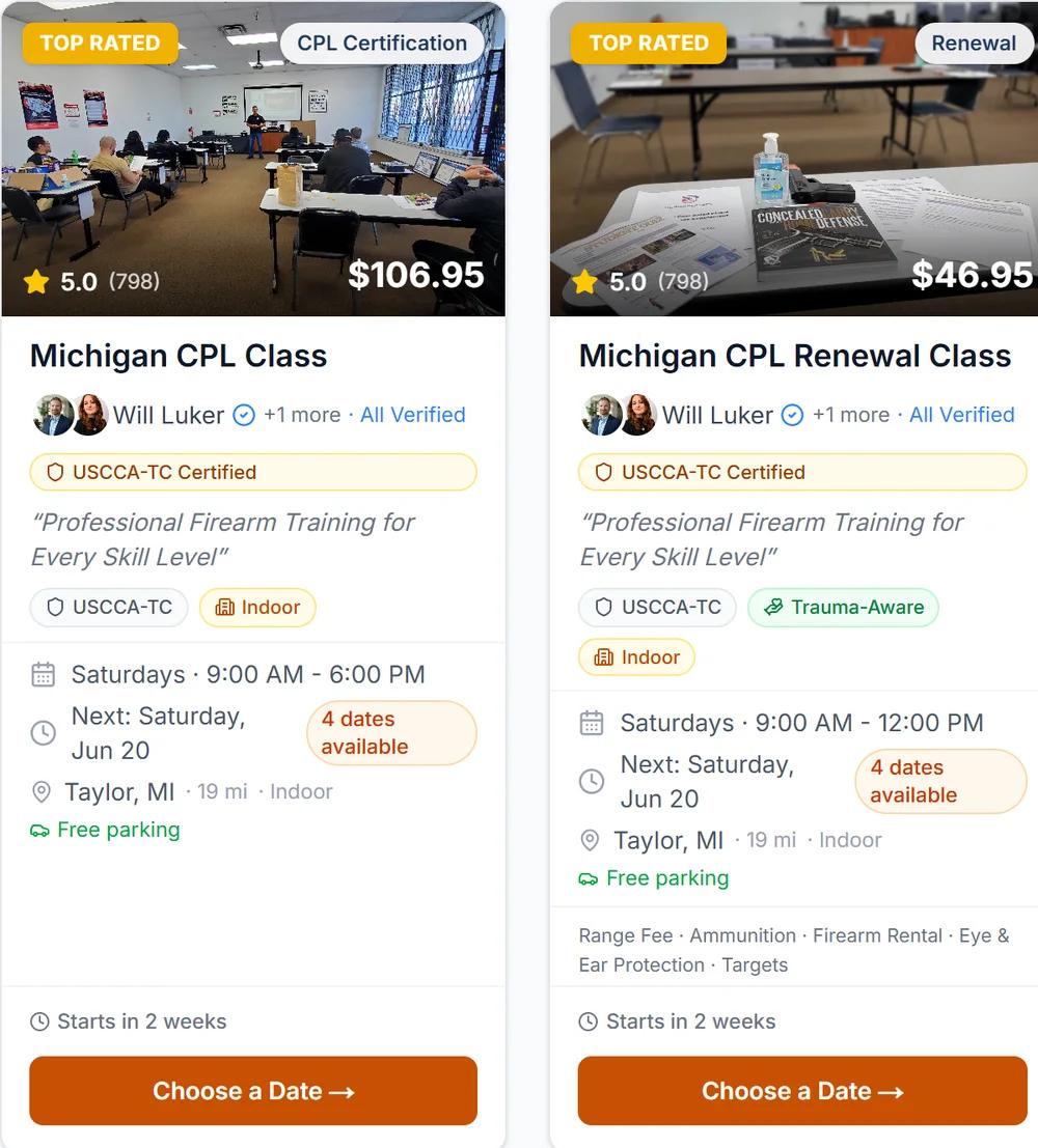 Class search results showing two Michigan CPL classes with ratings, dates, and prices