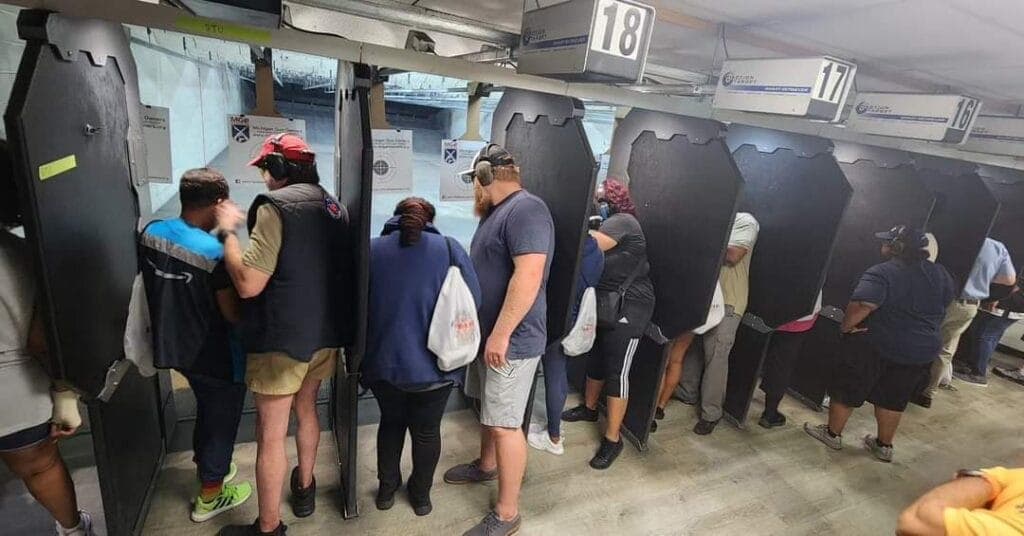 The full firing line during a session, with instructors at every lane
