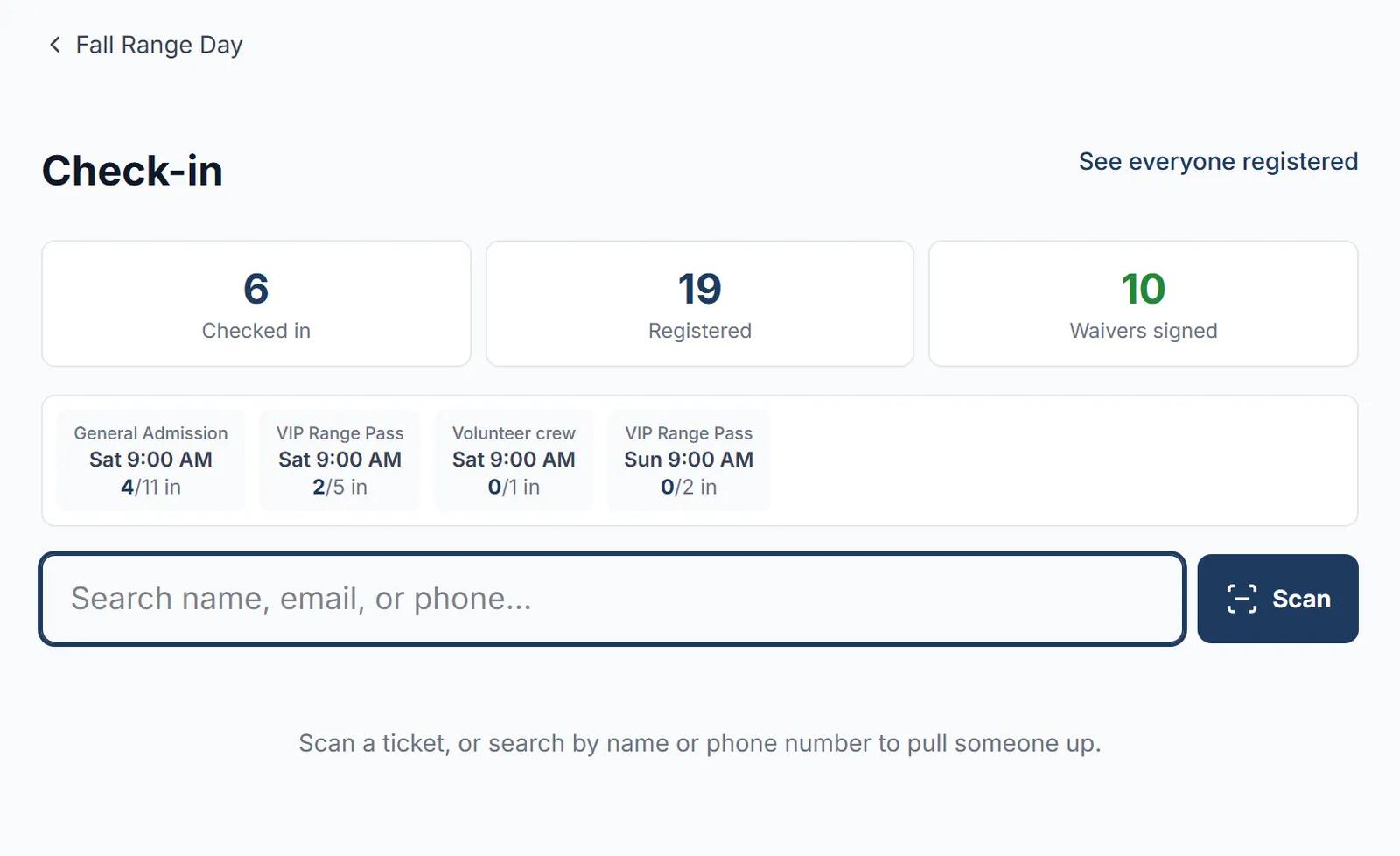 The door check-in screen for Fall Range Day with counts of checked in, registered, and waivers signed