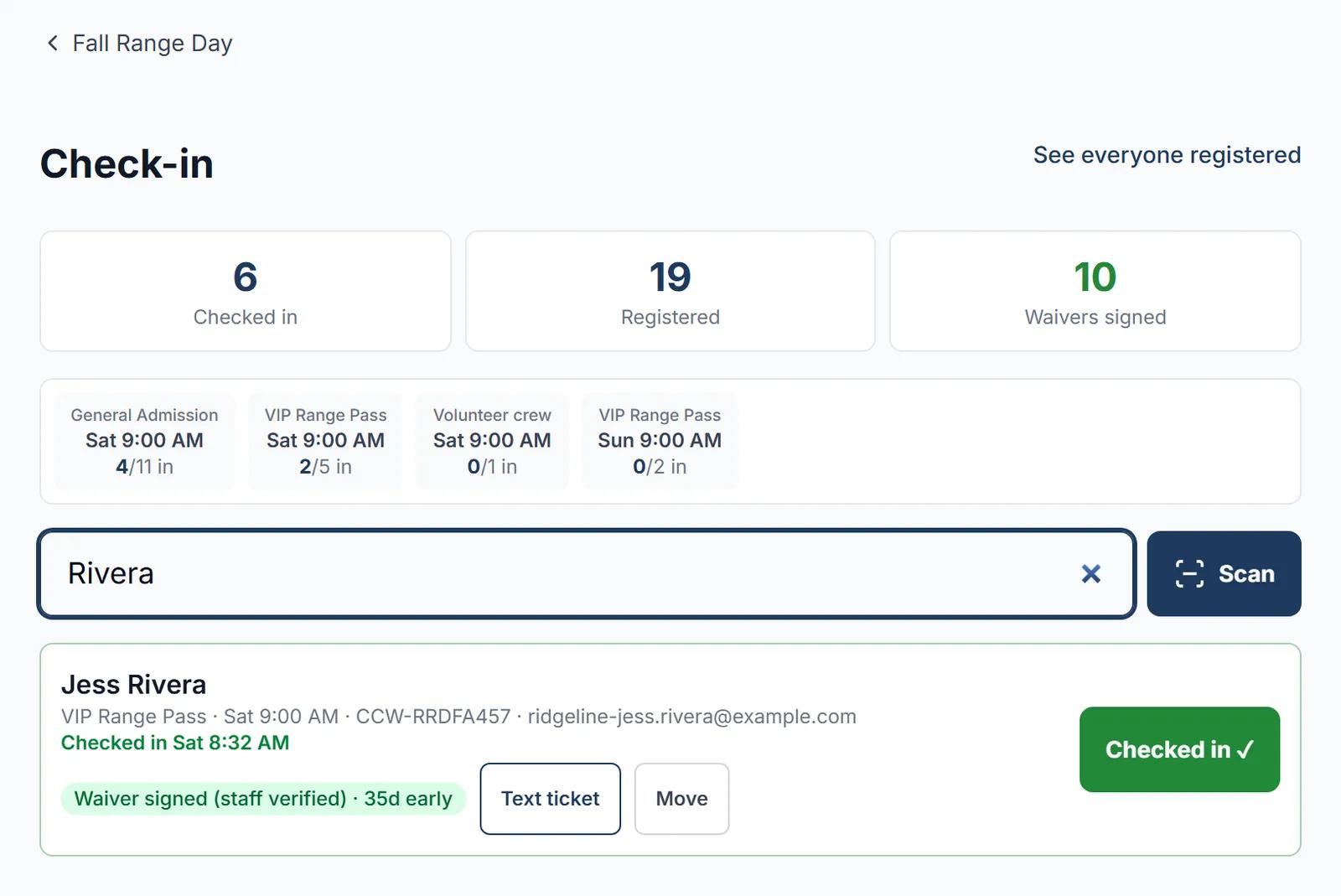 The check-in search narrowed to one attendee by last name, with a Check in button