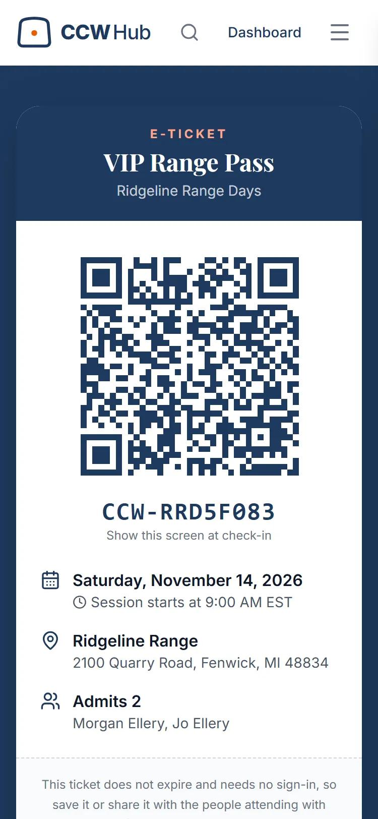 An attendee e-ticket with its QR code on a phone, ready to be scanned at the door