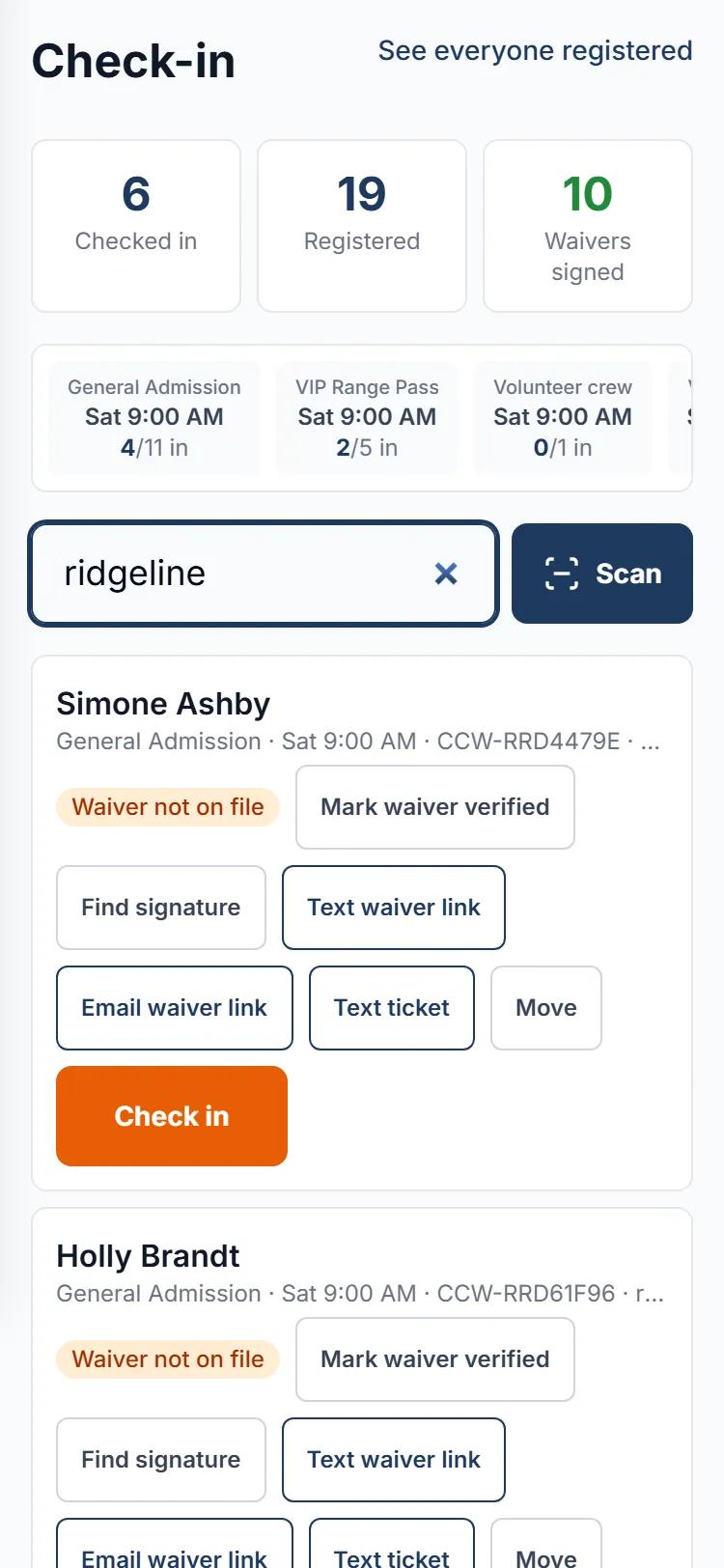 A phone showing the door check-in screen with live counts, a search box, a scan button, and each attendee waiver status