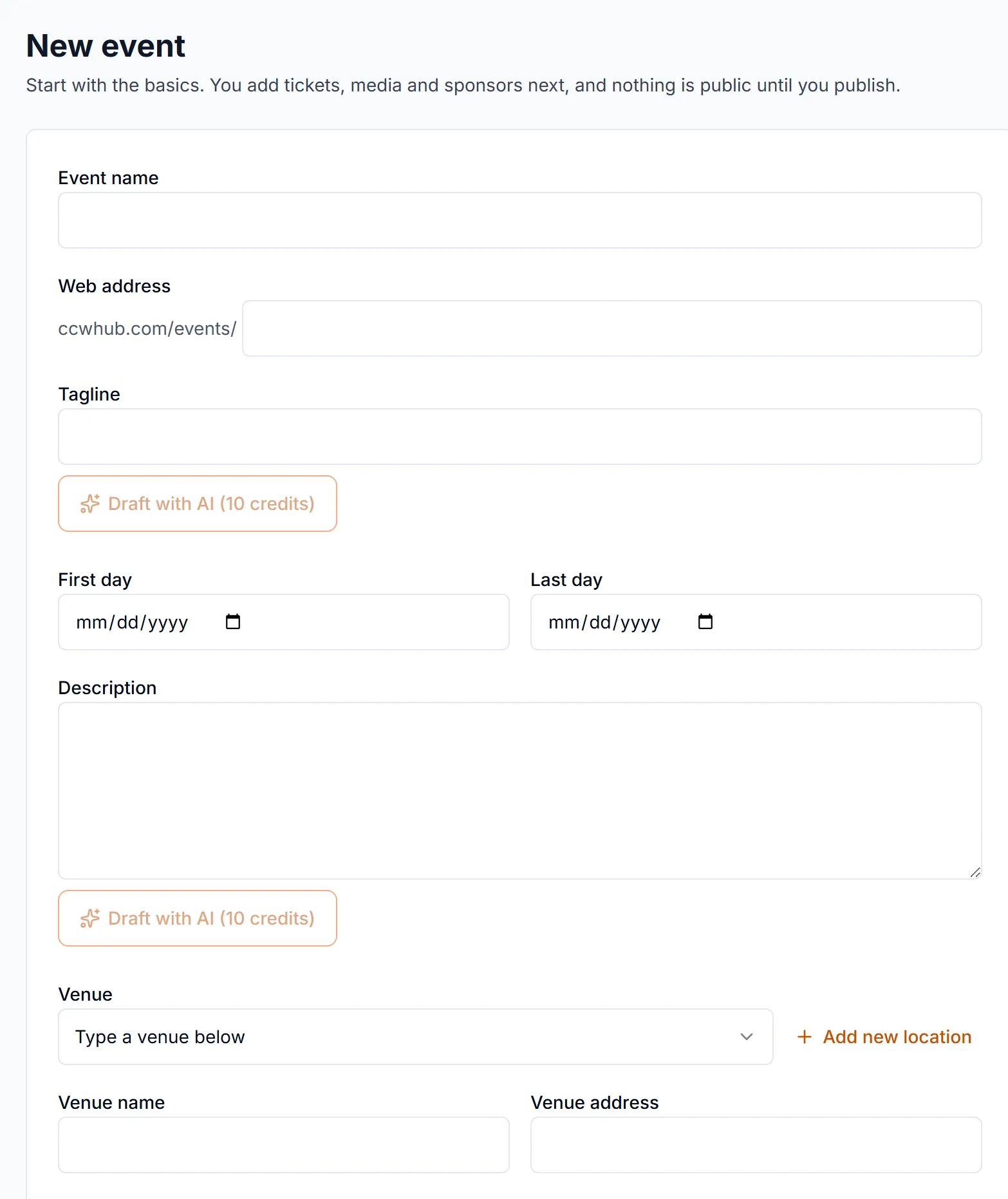 The new event form in the organizer dashboard, with fields for the name, web address, and tagline