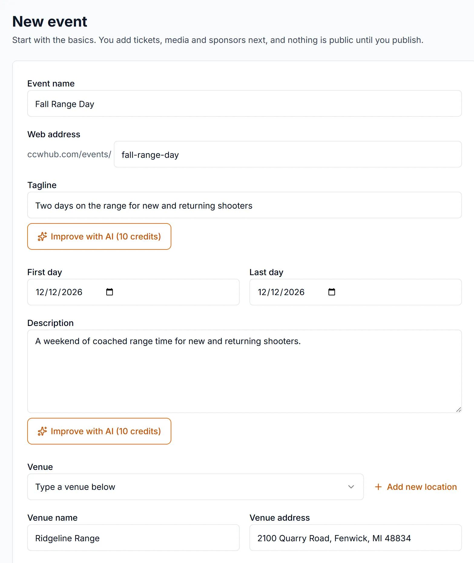 The same form with the event dates, the venue, and a short description filled in