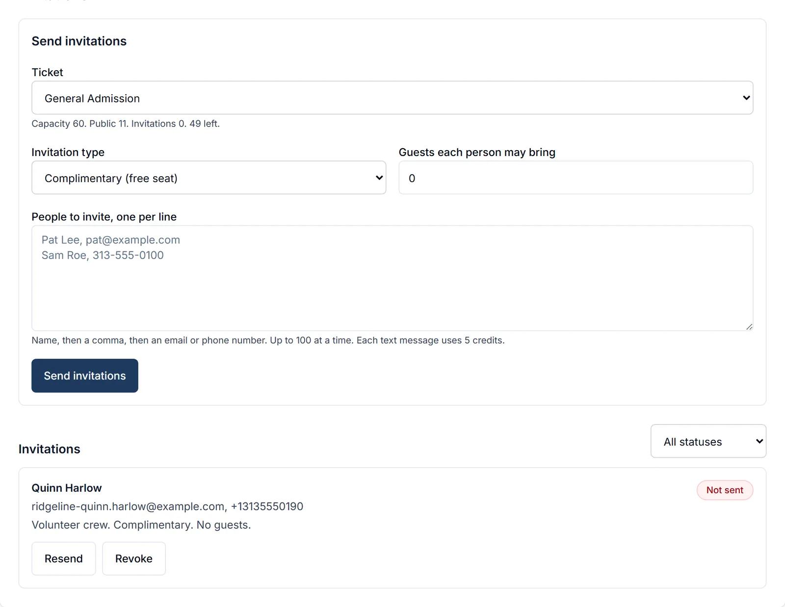 The Invitations tab with a pending complimentary invite for the volunteer crew ticket