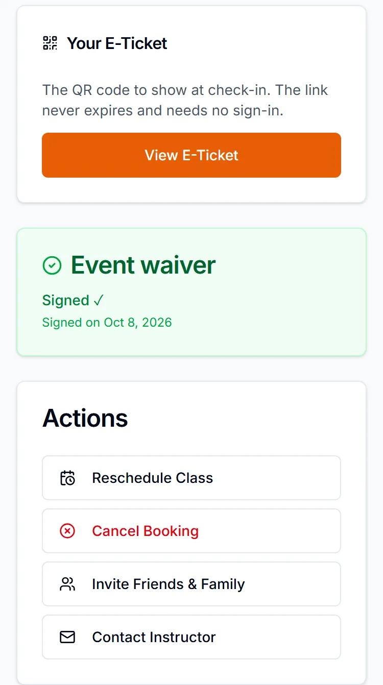 A student booking in the portal on a phone, with the e-ticket and buttons to cancel or reschedule