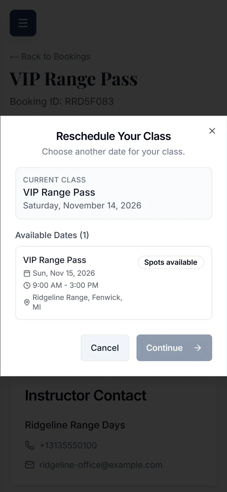 The reschedule choices on a phone, offering the Sunday date of the same VIP Range Pass