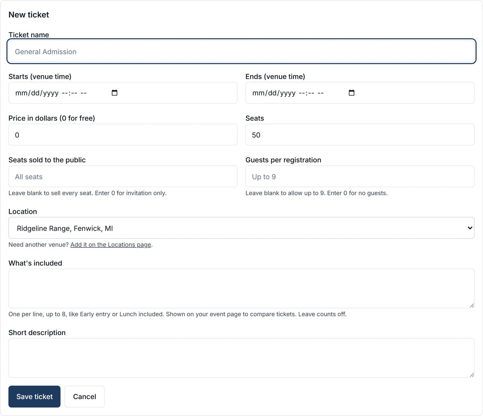 The add ticket form with a name, a date and time, a price, and a capacity