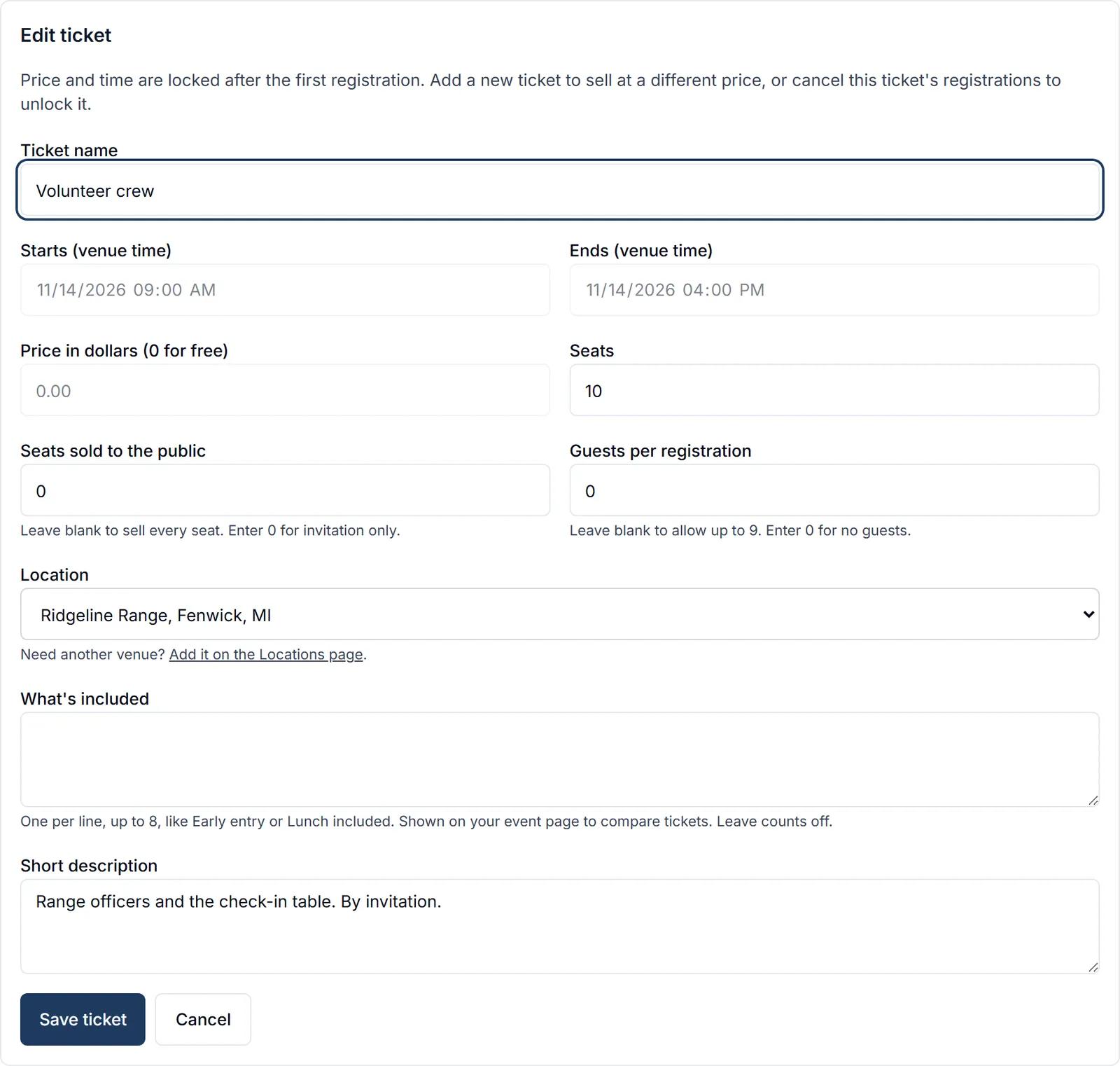 The volunteer crew ticket set to hidden, with no seats open to the public, sold only by invitation