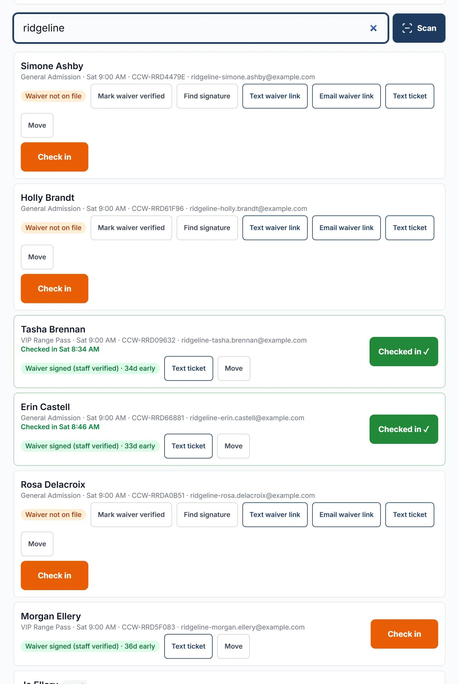 The check-in roster with a waiver status on every attendee, signed or not yet signed
